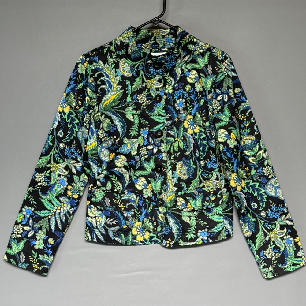 Charter Club Womens Floral Paisley Cotton Stretch Jacket Black Green Blue Size M